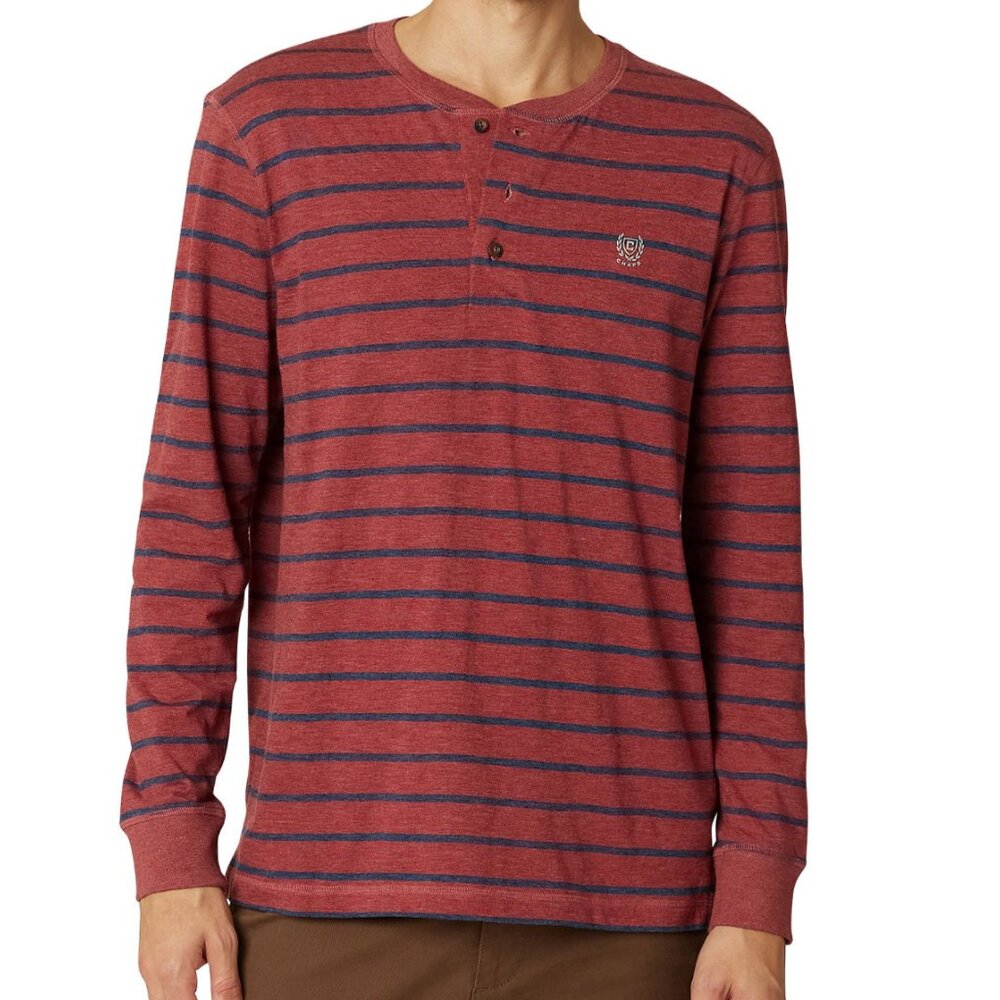 Chaps Men’s Henley Shirt size L Dark Red Striped Long Sleeve Relaxed Fit NWOT